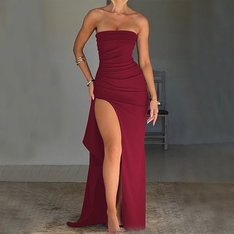 Trägerloses langes Sommerkleid mit Schlitz für Damen