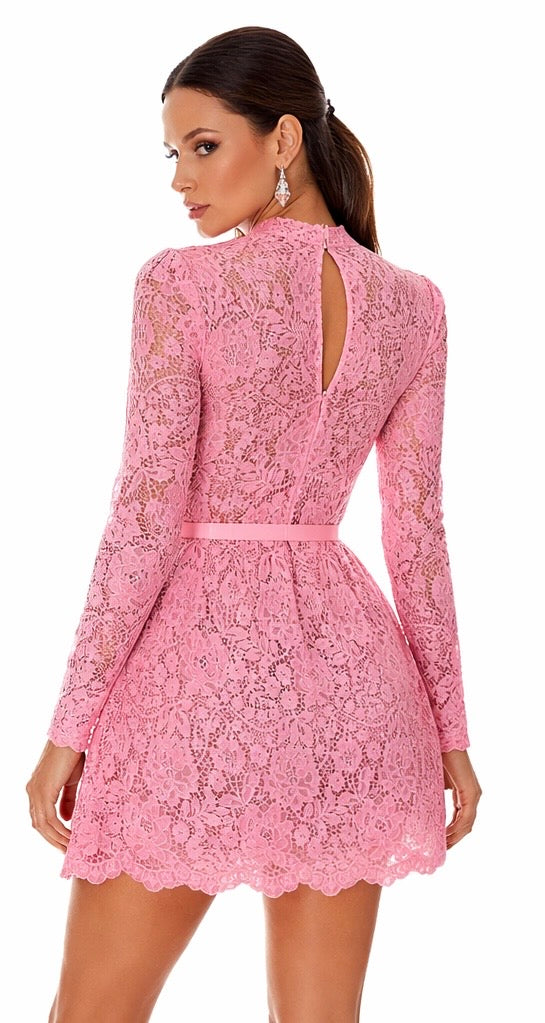 Minikleid mit Spitze transparenten Details Gürtel Damen