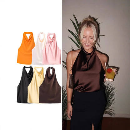 Elegantes Neckholder Top Damen aus Seidensatin Oberteil