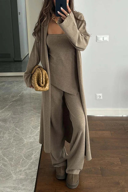Einfarbiges Strick Dreiteiler Set Damen elegant bequem