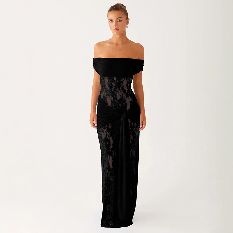 Netz und Spitzenkleid mit schulterfreiem Ausschnitt Damen