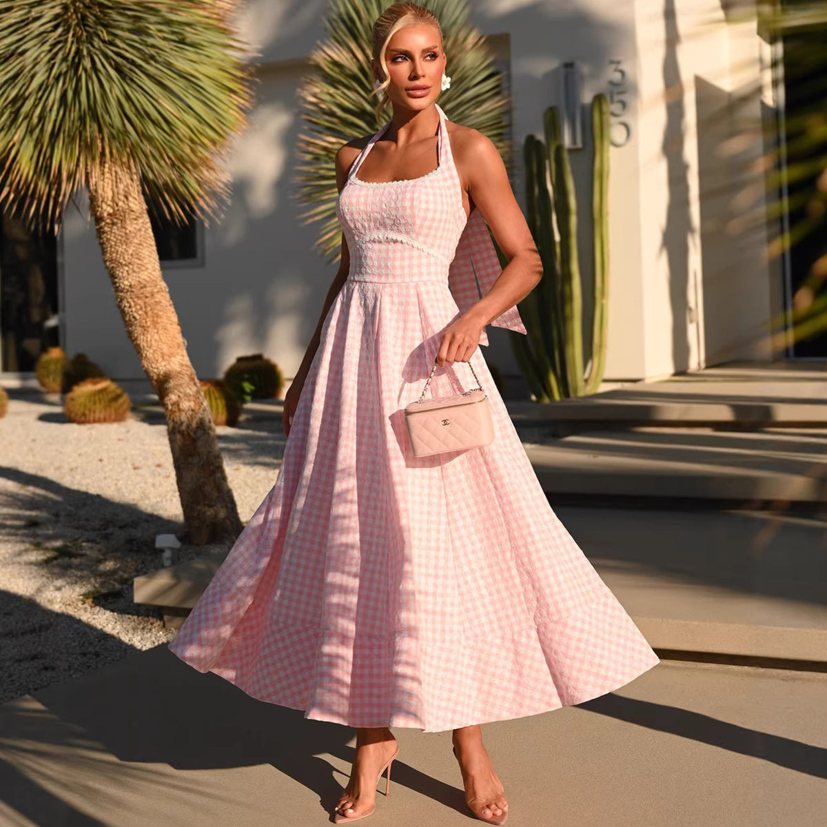 Elegantes Retro Gingham Halterneck Midikleid für Damen