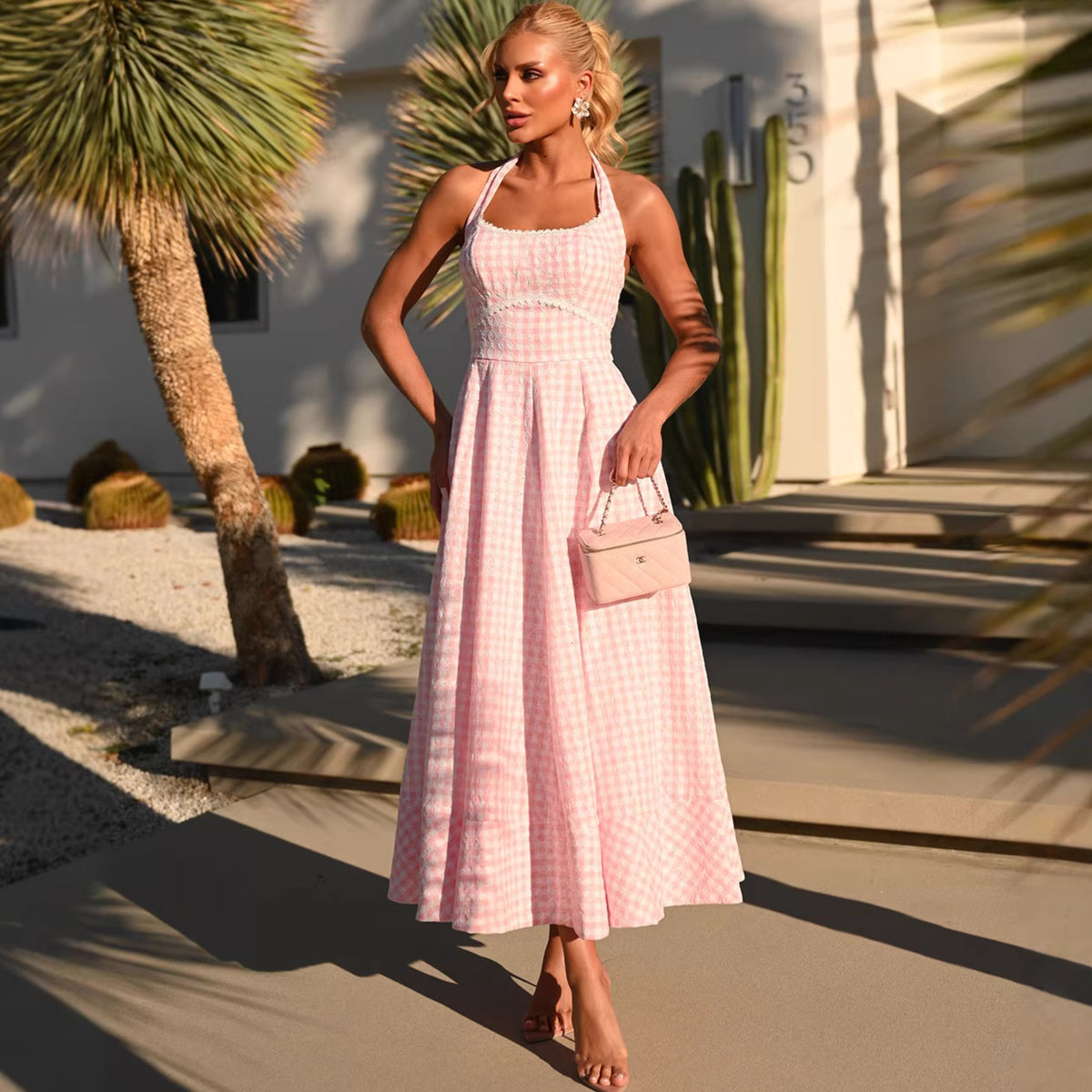 Elegantes Retro Gingham Halterneck Midikleid für Damen