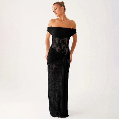 Netz und Spitzenkleid mit schulterfreiem Ausschnitt Damen