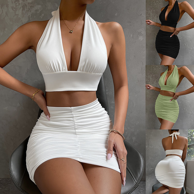 2-teiliges Damen Kleiderset mit Neckholder Top Schnürung