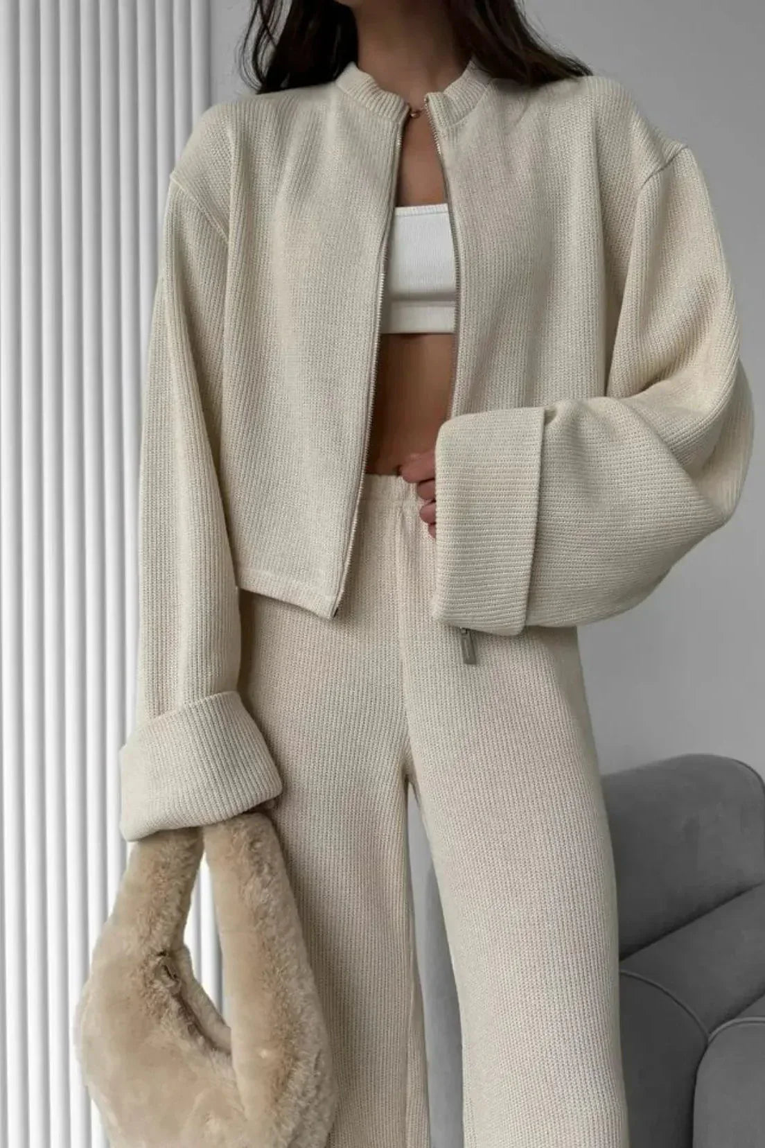 Knit Zip Set Moderner Strick Zweiteiler für Damen elegant